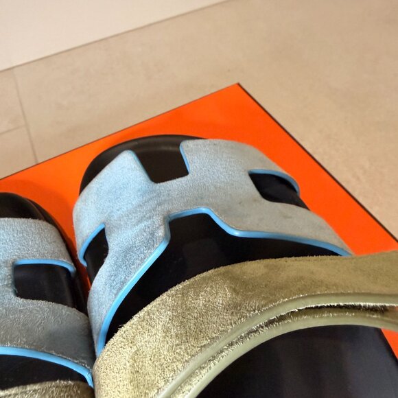 AUTHENTIC HERMES- Chypre Sandal Blue Cameo Vert Celadon Green Strap Slide - Picture 11 of 16